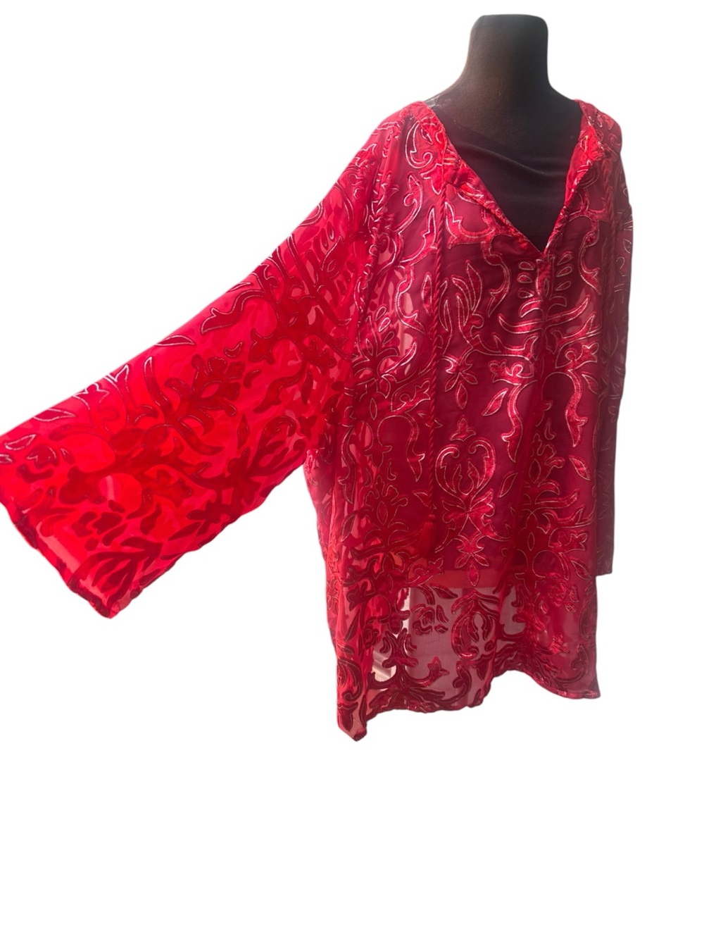 Roaman’s 32W Red Velvet Burnout Tunic Top Gold Metallic Boho Sheer Wide Sleeve